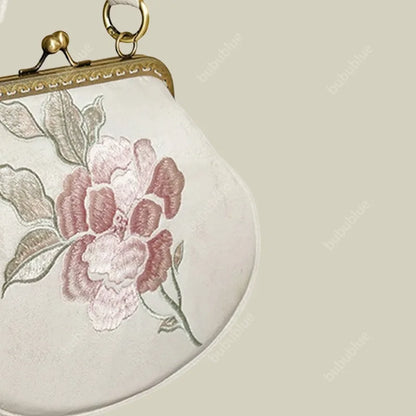Vintage Begonia Embroidered Shell Satin Handbag with Pearl Chain