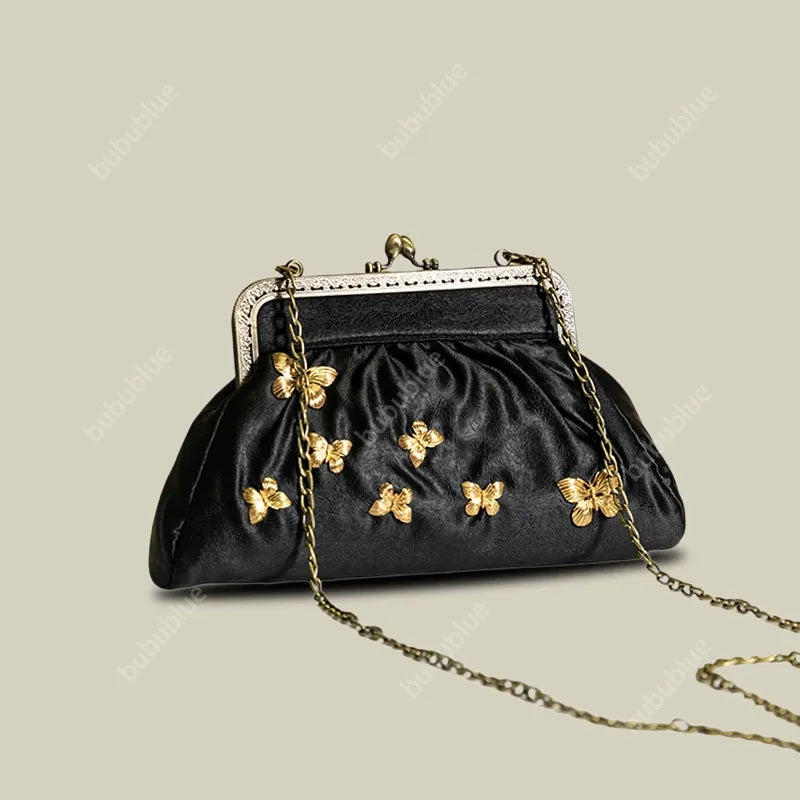 Vintage French Light Luxury Butterfly Embroidery Kiss Lock Black Evening Clutch