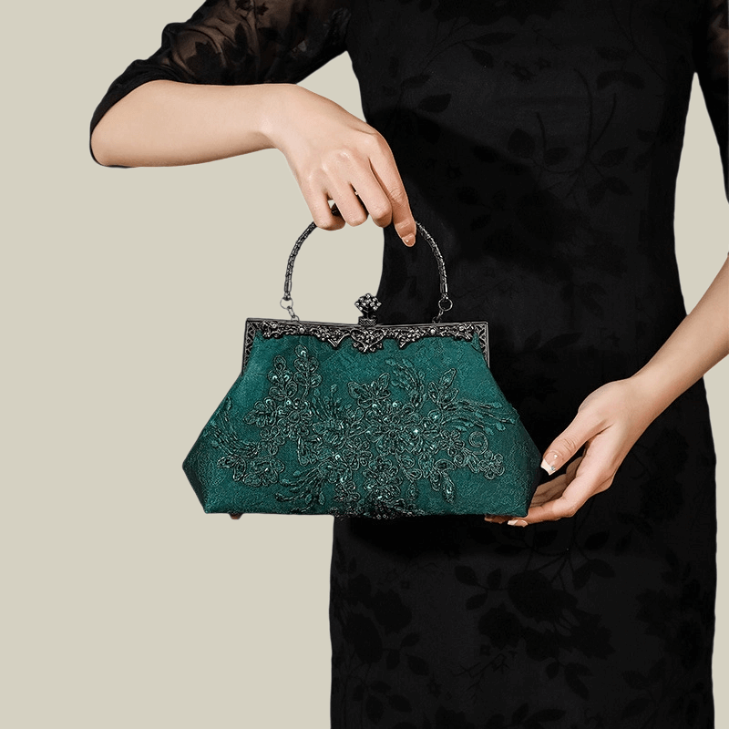 Emerald Embroidery Luxury Elengant  Handbags With Vintage Metal Handle