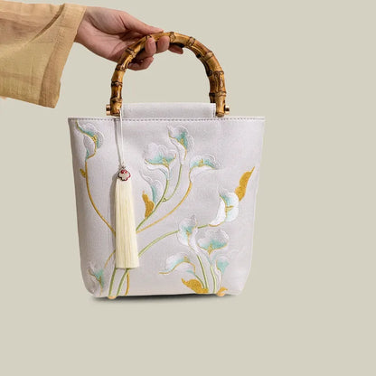 Embroidered Calla Lily Tote Bag with Wooden Handle