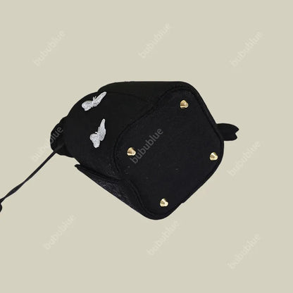 Black Butterfly Embroidered Vintage Bucket Bag Crossbody