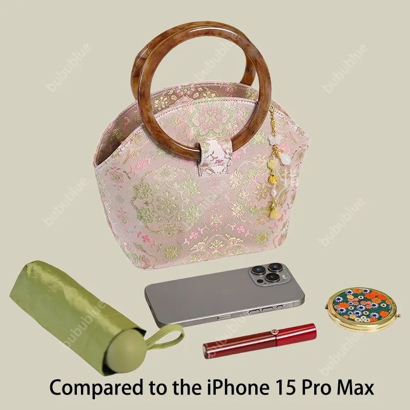 Round Wood Handle Shell Pink Brocade Bag Shaped Purse with Tasse