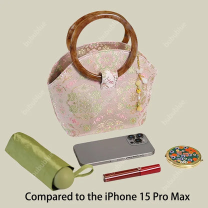 Round Wood Handle Shell Pink Brocade Bag Shaped Purse with Tasse