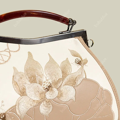 Lotus Embroidered Beige Leather Handbag with Vintage Kiss Lock