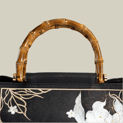 Lily Embroidered Tote Bag With Bamboo Handle(Black/Red）