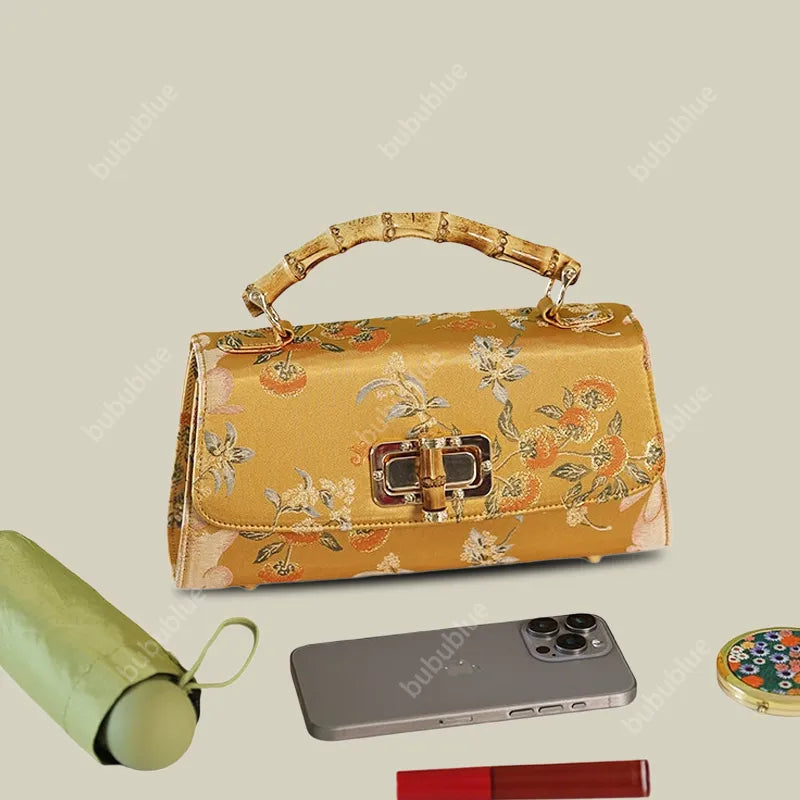 Vintage Gold Brocade Boston Evening Purse with Bamboo Handle