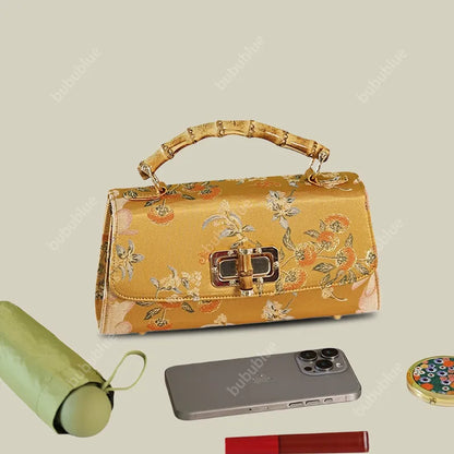 Vintage Gold Brocade Boston Evening Purse with Bamboo Handle