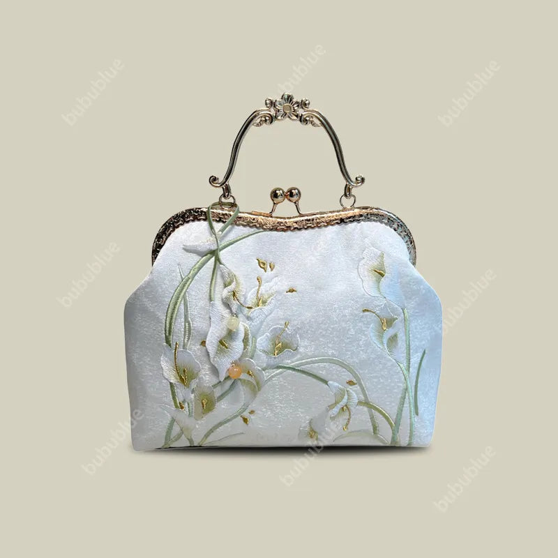 Calla Lily Embroidered Vintage Bride Clutch with Kiss Lock