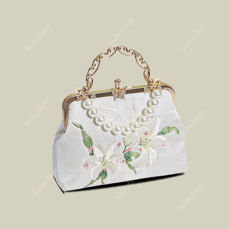Lily Embroidered Pearl Handle Vintage Evening Clutch with Butterfly Kiss Lock