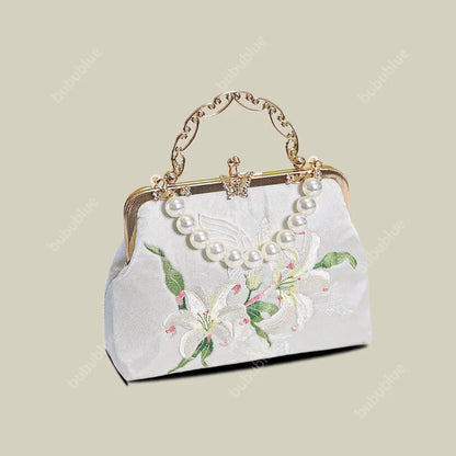 Lily Embroidered Pearl Handle Vintage Evening Clutch with Butterfly Kiss Lock