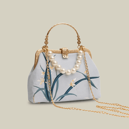 Orchid Embroidered Pearl Handle Handbag with Metal Lock