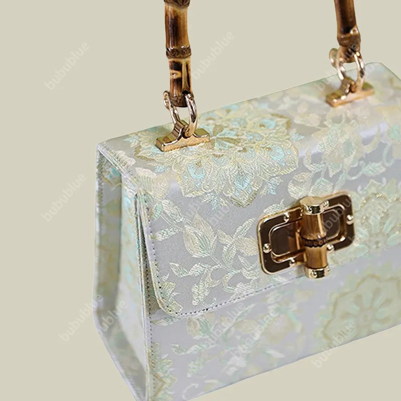 Gold Brocade Square Clutch Box with Bamboo Handle