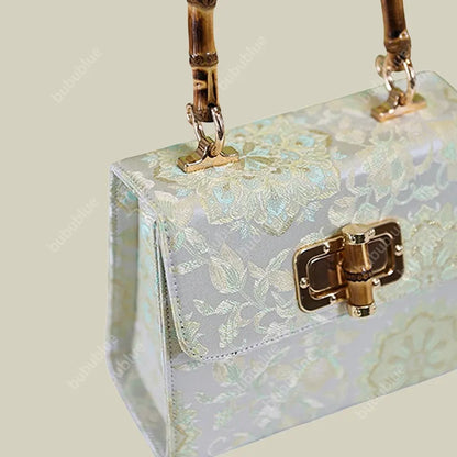 Gold Brocade Square Clutch Box with Bamboo Handle