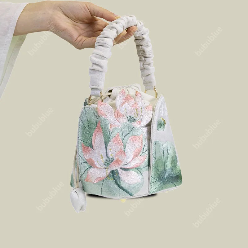 Lotus Embroidered Vintage Drawstring Green Bucket Bag with Soft Handle