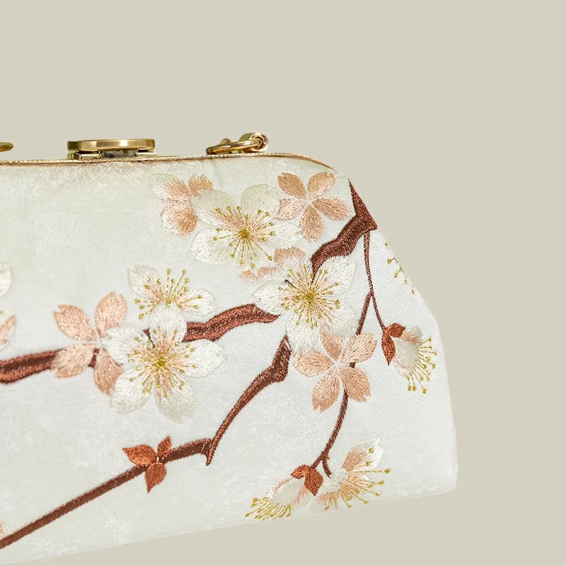 Plum Bossom Embroidered Beige White Vintage Handbag with Pearl Handle