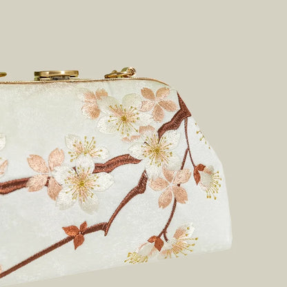 Plum Bossom Embroidered Beige White Vintage Handbag with Pearl Handle