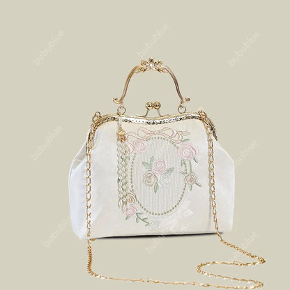 Vintage Rose Embroidered Handbag with Pearl Tassel & Gold Handle