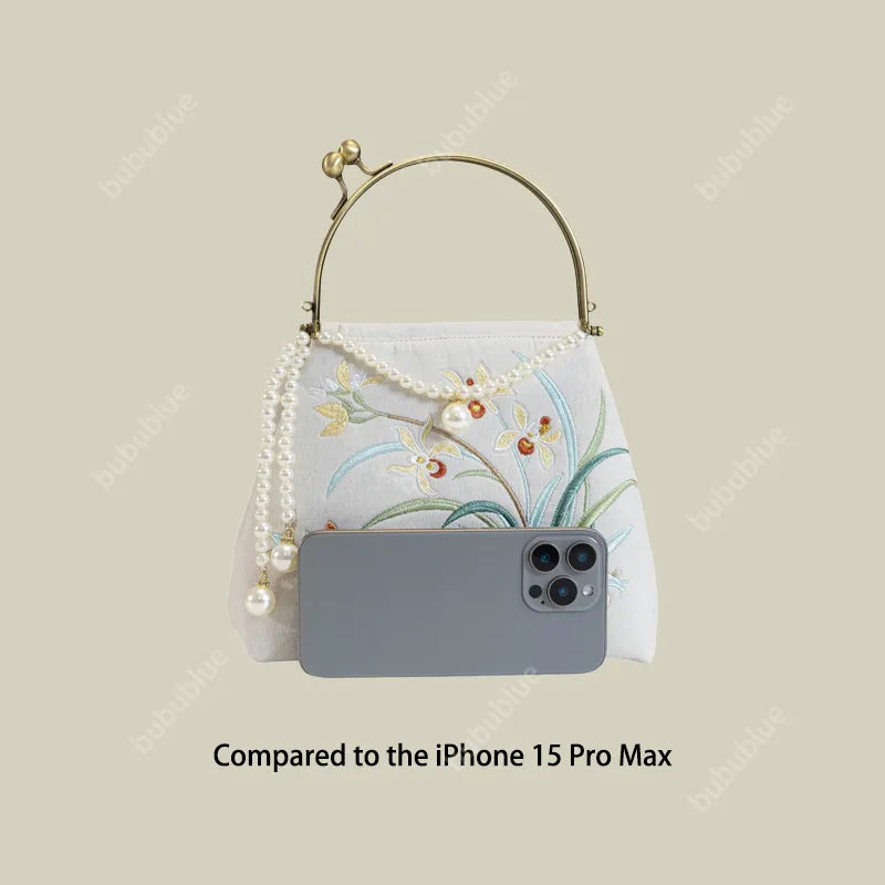 Cotton And Linen Orchid Embroidery Handbag With Pearl Chain (White/Red/Orange-Brown)