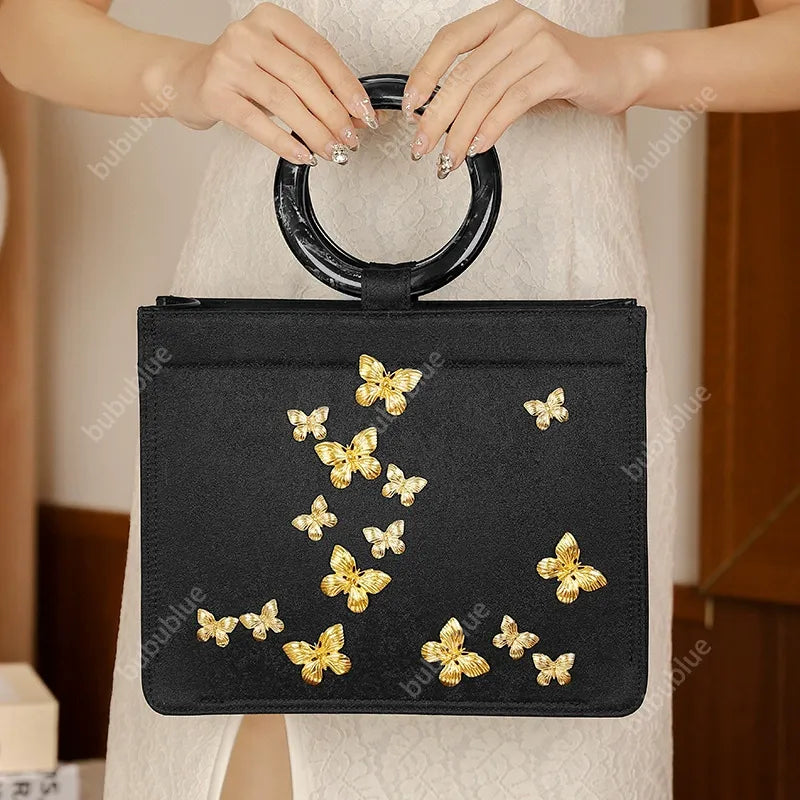 Golden Butterfly Embroidered Black Tote Bag with Crossbody Strap