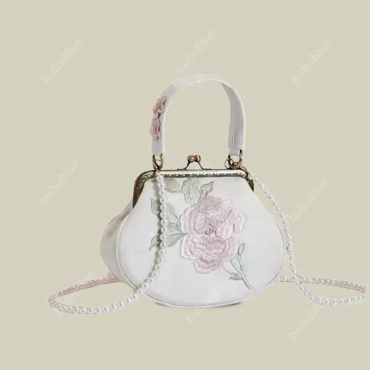 Vintage Begonia Embroidered Shell Satin Handbag with Pearl Chain