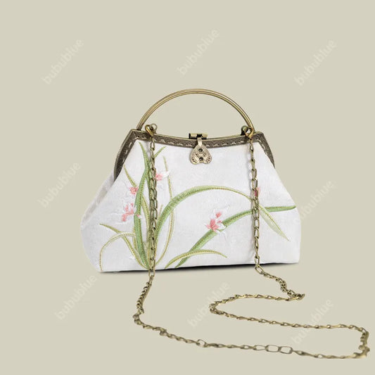 Orchid Embroidery White Handbag With Round Metal Handles