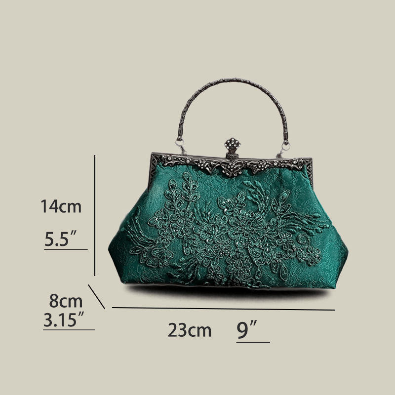 Emerald Embroidery Luxury Elengant  Handbags With Vintage Metal Handle