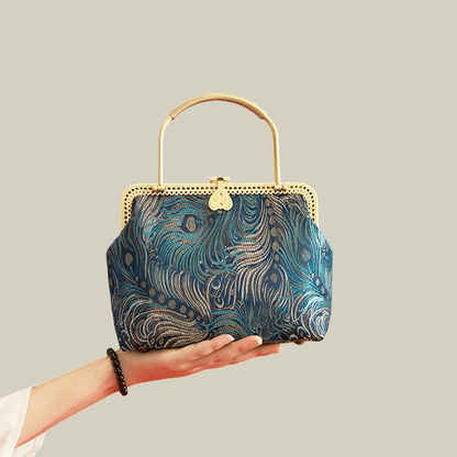 Peacock Blue Brocade Texture & Metal Handle Handbag