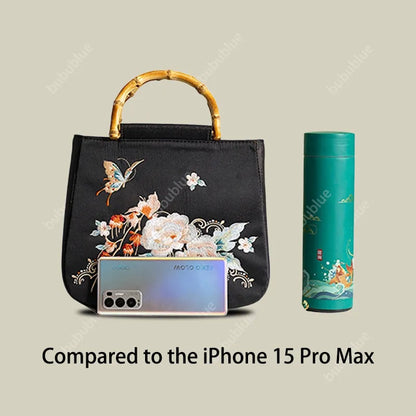 Butterfly Embroidered Floral Bamboo Black Tote Bag with Handle Bag