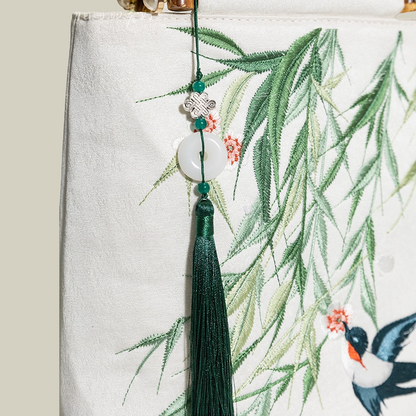 Swallow & Willow Embroidered White Tote Bag with Bamboo Handle