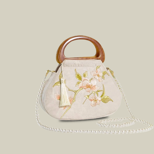 Peony Bloom White Embroidered Handbag with Wooden Handle