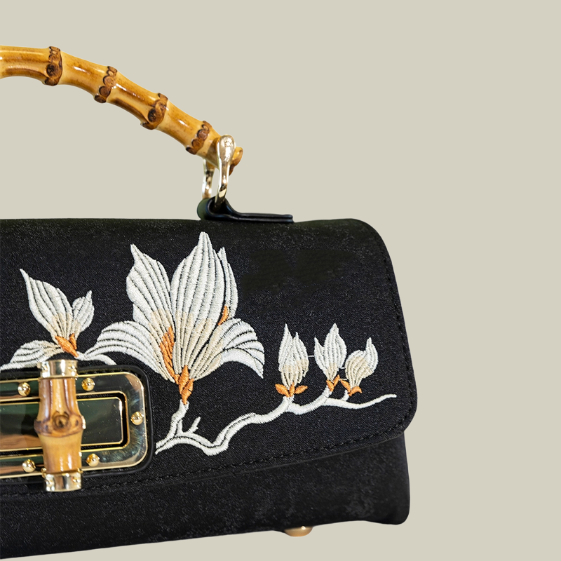 Magnolia Embroidered Boston Bag with Crossbody Chain