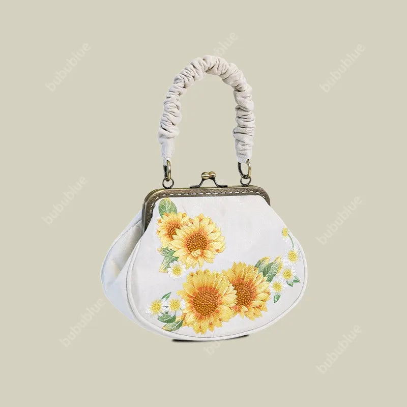 Sunflower Embroidered  Vintage Shell Purse with Kiss Lock