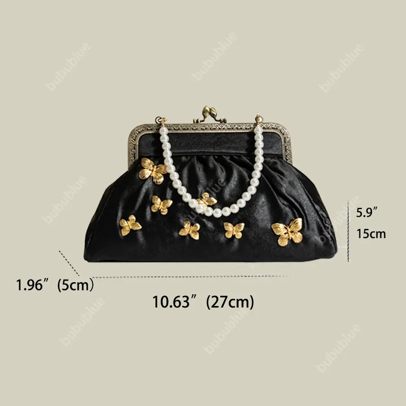 Vintage French Light Luxury Butterfly Embroidery Kiss Lock Black Evening Clutch