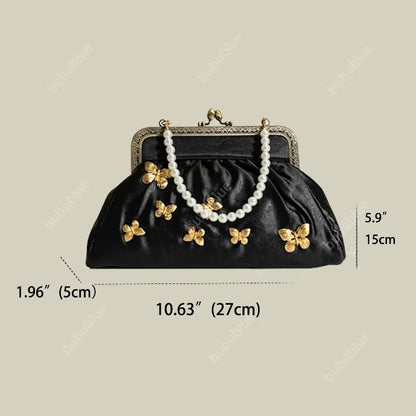 Vintage French Light Luxury Butterfly Embroidery Kiss Lock Black Evening Clutch