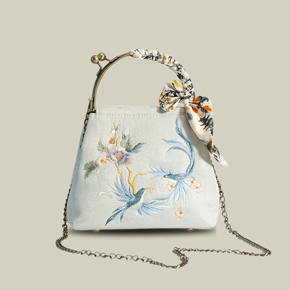 Kiss-Lock Embroidered Bird & Blossom Handbag with Silk Scarf