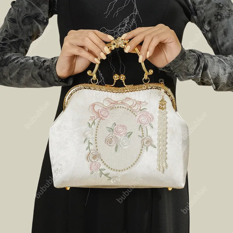 Vintage Rose Embroidered Handbag with Pearl Tassel & Gold Handle