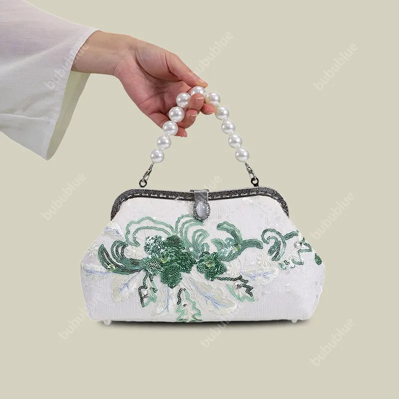 Emerald Green Floral Embroidered Clutch Bag With Pearl Handle