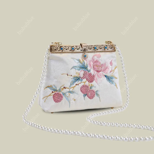 Vintage Lychee Embroidered Satin Handbag with Metal Beads
