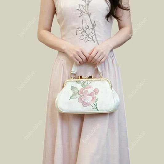 Vintage Begonia Embroidered Square Satin Handbag with Bow Lock