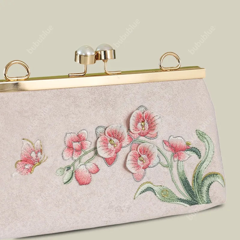 Orchid Vintage Embroidered Pink Handbag with Pearl Kiss