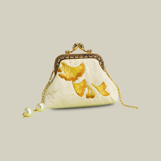 Ginkgo Embroidered Mini Kiss-Lock Purse with Pearl Chain