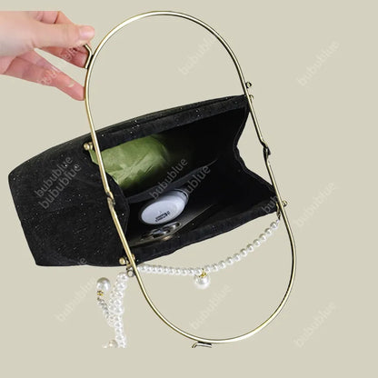 Black Lotus Embroidered Evening Bag with Pearl Trim Kiss Lock