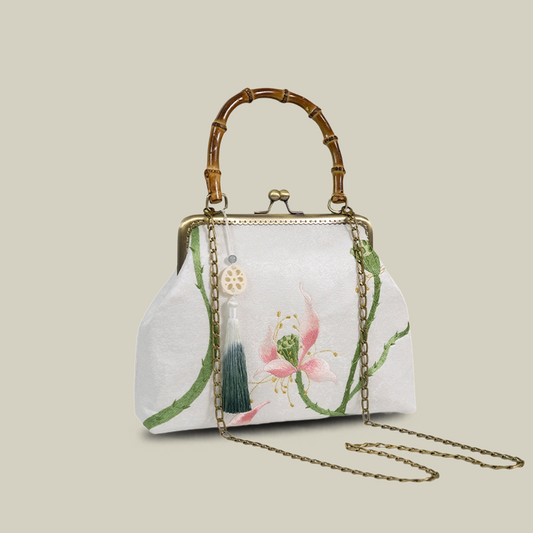 White Lotus Embroidered Handbag with Vintage Kiss Lock