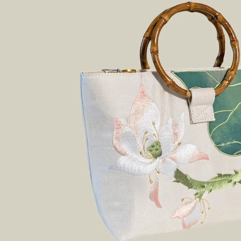 Large capacity Lotus Bloom Embroidered Tote Bag with Bamboo Handle