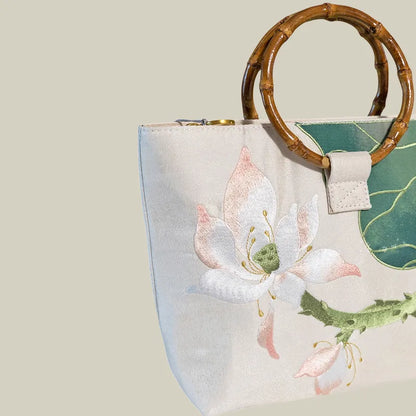 Large capacity Lotus Bloom Embroidered Tote Bag with Bamboo Handle