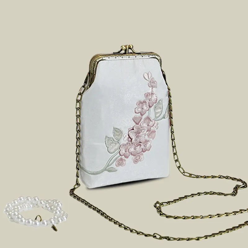 Begonia Embroidery Vintage Crossbody Phone Bag with Kiss Lock