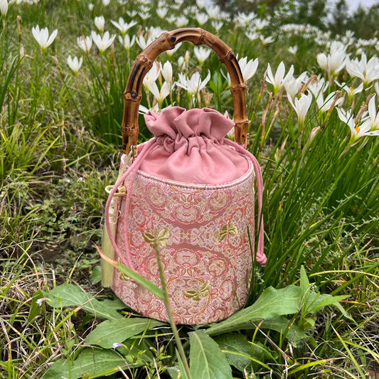 Golden Butterfly Embroidered Bucket Bag(Pink/Purple)