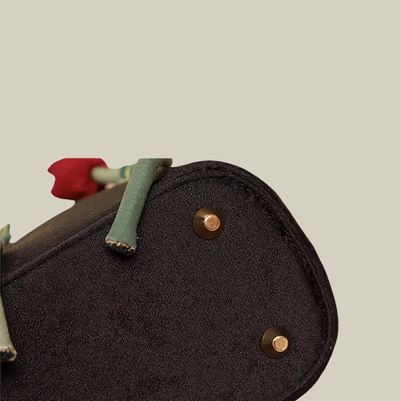 3D Rose Embroidered Black Tote Bag with Bamboo Handle