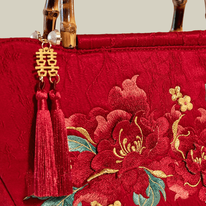Red Peony Bloom Embroidered Tote Bag with Bamboo Handle