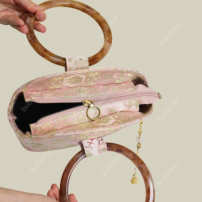 Round Wood Handle Shell Pink Brocade Bag Shaped Purse with Tasse